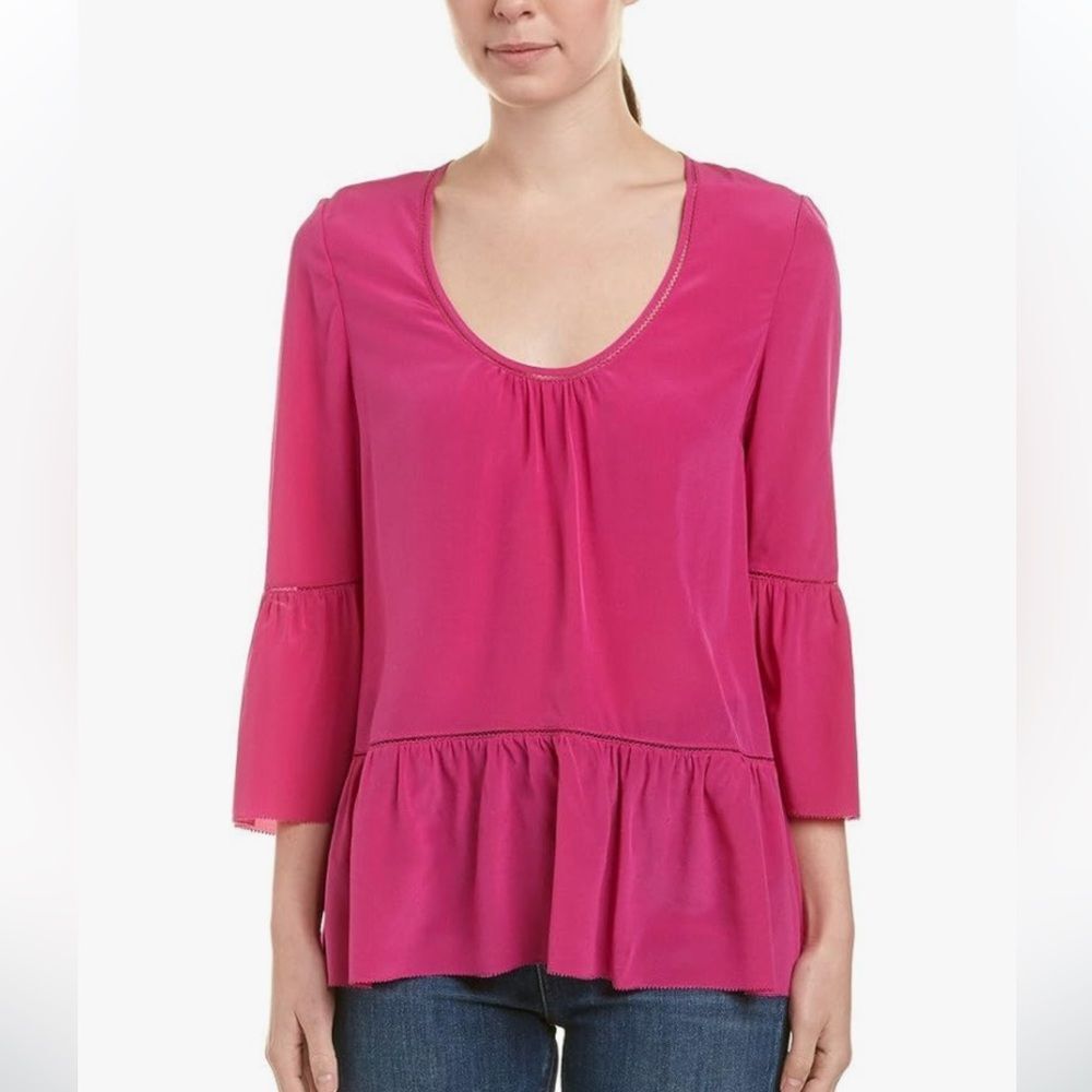 NWT TRINA TURK Vervet Petal Lilias 100% Silk Crepe‎ De Chine Ruffle Sleeve Top S
